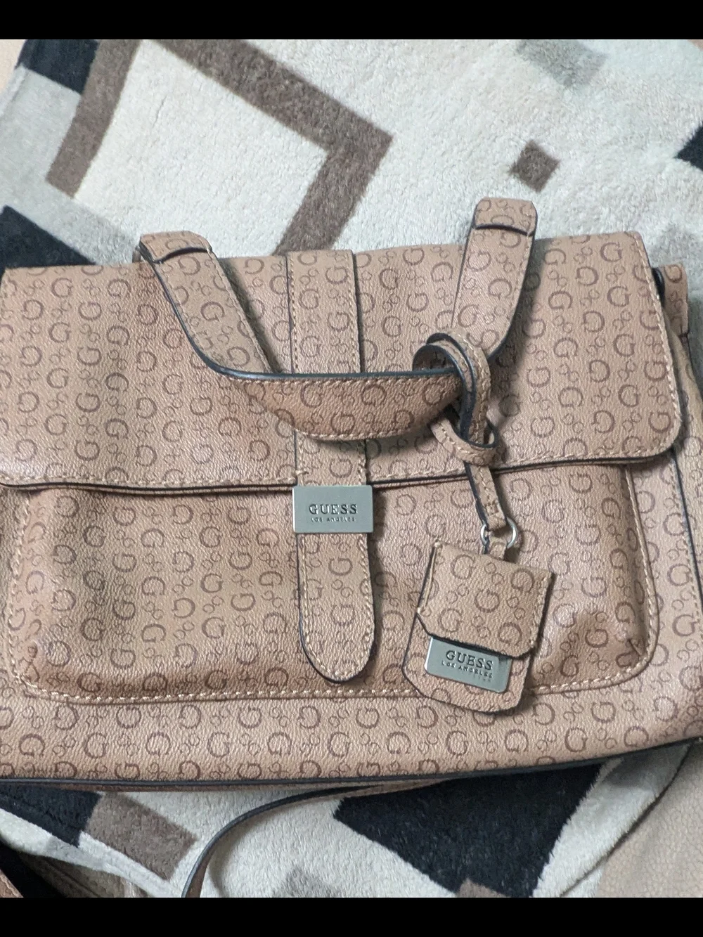 GUESS Logo-Print Tan Satchel Bag